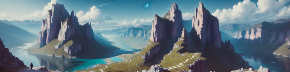 Wall Mural - A Serene Morning in Mountain Landscapes. Undiscovered Wilderness. Silence and Tranquility. Generative AI