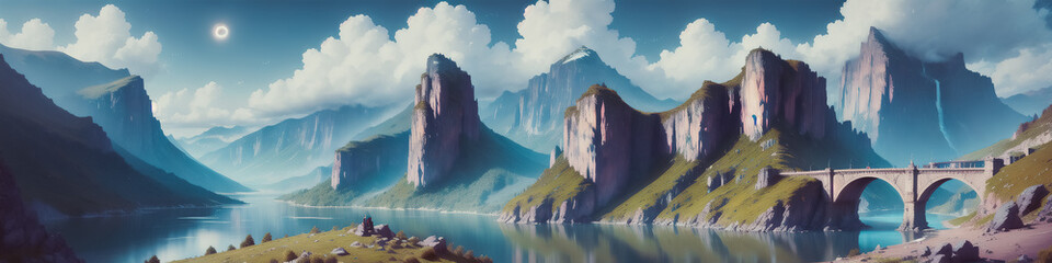 Wall Mural - A Serene Morning in Mountain Landscapes. Undiscovered Wilderness. Silence and Tranquility. Generative AI