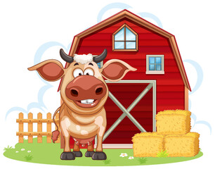 Sticker - Cow with barn in cartoon style