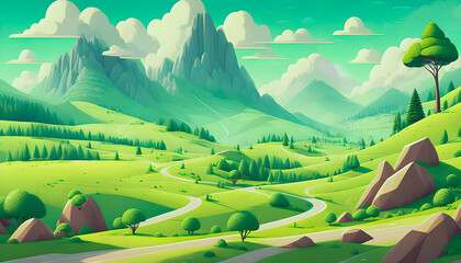 Wall Mural - A Mountain Landscape with Surrounding Rocks. Abundant Greenery. Blue Sky. Enchanting Atmosphere. Generative AI