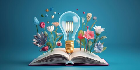 Wall Mural - Lightbulb with Flowers on Open Book, Getting Smart and Intelligent from Reading Book. Created with Ai