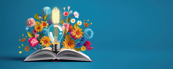 Wall Mural - Lightbulb with Flowers on Open Book, Getting Smart and Intelligent from Reading Book. Created with Ai