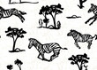 Monochrome pattern with running zebras on the savannah painted in black gouache for textile