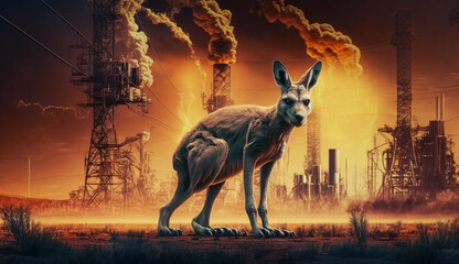 Wall Mural - Kangaroo standing in front Toxic mass from chemical factor. Generative AI.