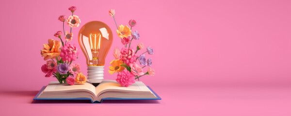 Wall Mural - Lightbulb with Flowers on Open Book, Getting Smart and Intelligent from Reading Book. Created with Ai