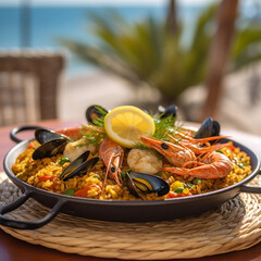 Wall Mural - Seafood paella in a wicker plate on the beach