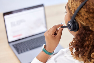 Leinwandbilder - Consultant, back view of call center agent with headset and laptop at her desk at workplace. Online communication or network, customer service or telemarketing and female person with crm at work