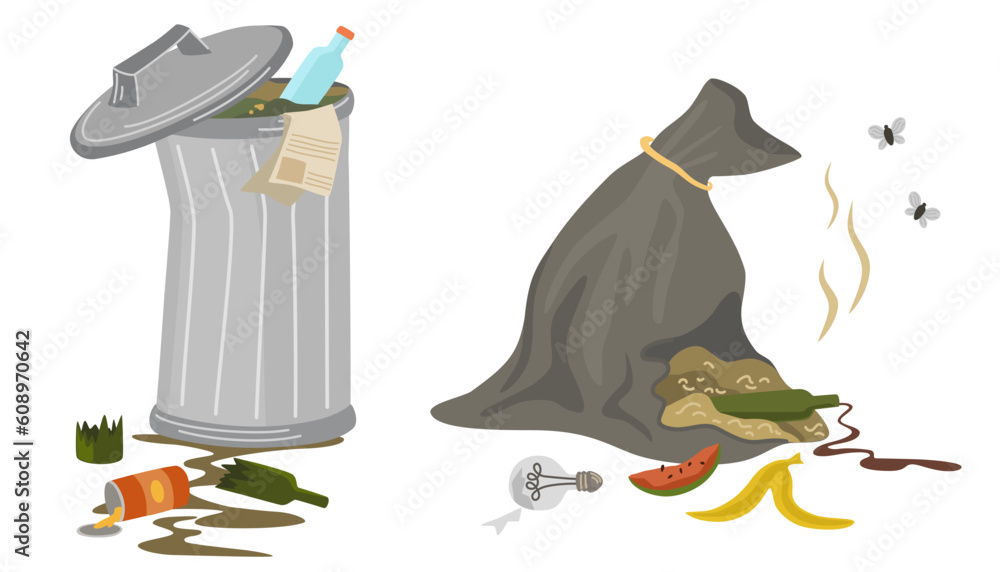 Unsorted garbage in trash containers. Waste bin and a bag of garbage ...