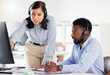 © Emily/peopleimages.com - Call center, manager helping agent and training with mentor, telemarketing and customer service. Staff, black man and woman with computer, advice for system and tech support with conversation and crm
