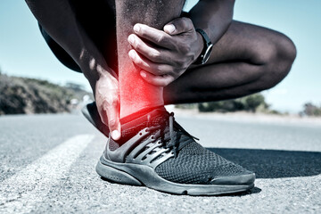 Poster - Fitness, ankle and injury with a sports man holding his joint in pain while outdoor for a workout. Exercise, emergency and accident with a male athlete feeling tender while training for recreation