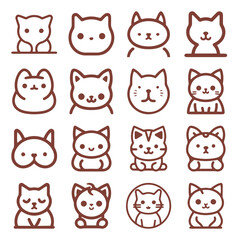 Wall Mural - Cute Cartoon cat, kitten face line vector sticker set isolated on white