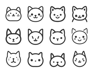 Sticker - Cute Cartoon cat, kitten face line vector sticker set isolated on white