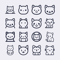 Sticker - Cute Cartoon cat, kitten face line vector sticker set isolated on white