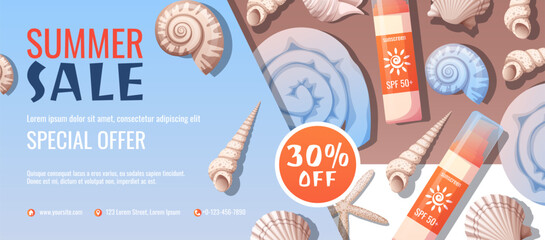 Wall Mural - Summer banner with beach accessories. Discount coupon, special summer offer. Background, flyer with seashells, bag, sunscreen