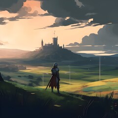 Medieval knight in a valley landscape and looking at a ruined castle, rpg, ruin, adventure, fantasy, lofi, lo fi. generative AI	