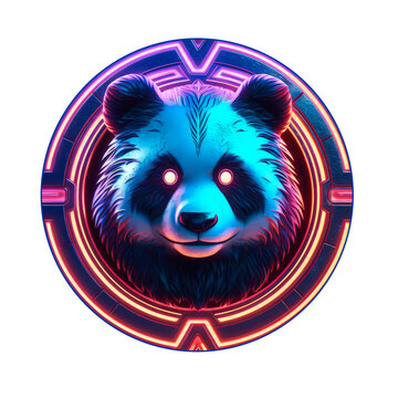 Panda, metal and neon game emblem, cyberpunk style game badges on transparent background. Made with Generative AI