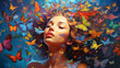 Harmonious Scene of a Young Caucasian Woman Embraced by a Swarm of Vibrant Butterflies - An Ideal Depiction of Inner Peace, Psychological Health, and the Beauty of Mindfulness. 16:9. Copy space
