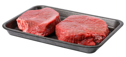 Wall Mural - Two pieces of beef steak in a black disposable polystyrene plate on a white isolated background