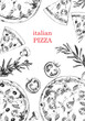 Traditional italian dishes. Hand-drawn illustration of Pizza. Italian food frame. Pizzeria menu design template. Vector. Ink drawing. 