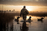 View from the back a hunter with hunting dogs walks along a lake with reeds in search of prey. Hunting season concept. Generative AI