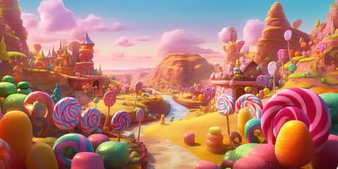 Sunny candy kingdom with pink cotton candy clouds and colorful lollipops trees. Generative AI