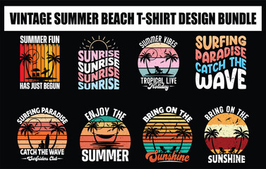Summer vintage T-shirt design bundle, Beach t-shirt set, surfing t-shirt bundle