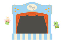 Children's Puppet Theater On A White Background. Vector Illustration Of Theatre Stage With Red Curtains And Dark Background. Flat Style