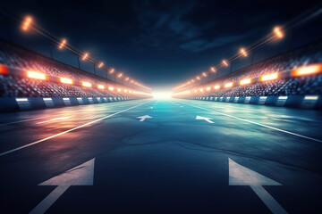 Asphalt racing track finish line with cheering fans and illuminated floodlights