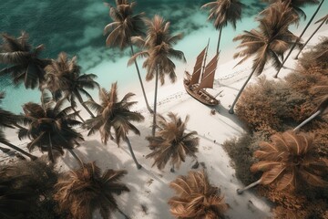 Wall Mural - a bird's-eye view of palm palms growing on a beach Generative AI