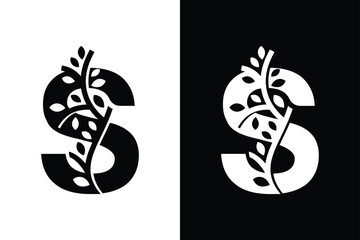 Poster - Letter S alphabet and growing leaf with black and white color. Very suitable for symbol, logo, company name, brand name, personal name, icon, identity, business, marketing and many more.