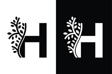 Poster - Letter H alphabet and growing leaf with black and white color. Very suitable for symbol, logo, company name, brand name, personal name, icon, identity, business, marketing and many more.