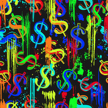 Money Neon Pattern With US Dollar Sign. Background With Paint Brush Strokes, Smudges, Blots, Splattered Paint Of Fluorescent Colors. For Sports Goods, Prints, Vinyl Wrap. Pop Art Style