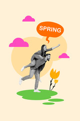 Canvas Print - Vertical collage picture of two excited carefree black white colors partners piggyback spring dialogue bubble painted flowers clouds