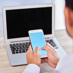 Poster - Businessman, hands and phone with mockup screen for social media, communication or networking at the office. Hand of man employee typing or texting on mobile smartphone mock up display at workplace