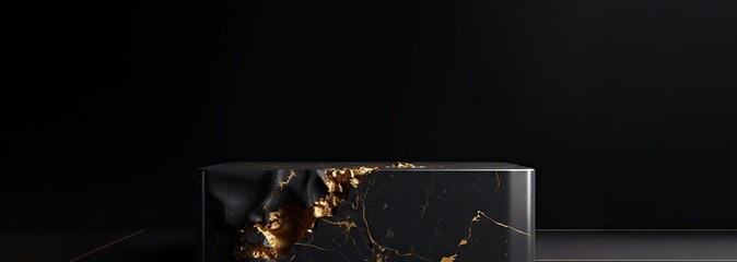 Wall Mural - Black  marble  podiums with gold frames on a black background. Luxury marble geometric pedestal for the presentation of the product. 3d rendering composition Generative AI