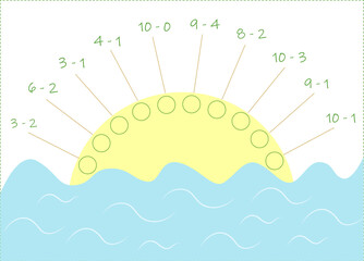 Educational math game for kids. Fill in the empty circles, write the answers to the examples.