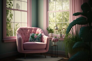 Poster - a pink armchair next to a window with a view of the garden, created with generative ai