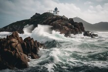 Abandoned Lighthouse, With Waves Crashing Against The Rocks Below, Created With Generative Ai