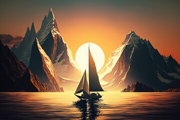 Canvas Print - sailboat gliding past majestic mountain range, with the sun setting behind, created with generative ai