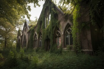 Wall Mural - abandoned church, with broken windows and peeling paint, surrounded by overgrown foliage, created with generative ai