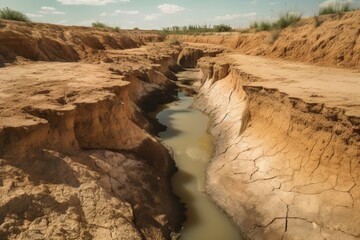 Wall Mural - polluted water running over cracked and dry earth, created with generative ai