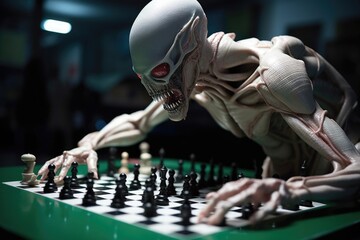 Sticker - alien athlete competing in high-stakes game of chess, created with generative ai