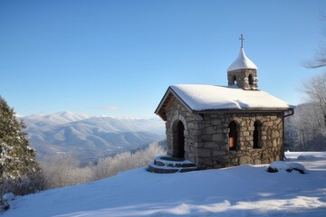 Canvas Print - snow-covered chapel, with a view of the rolling mountains in the background, created with generative ai