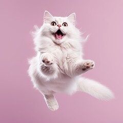 Happy fluffy white cat jumping on isolated solid background generative ai