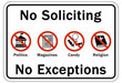 No soliciting warning sign and labels no soliciting no exception