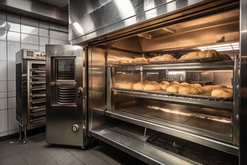 Wall Mural - commercial oven with range, producing freshly baked bread and pastries, created with generative ai