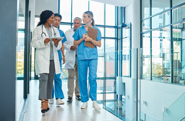 Aufkleber - Hospital, doctors and nurses team walking with a tablet for a discussion, planning or research. Diversity men and women healthcare group talking about medical strategy, virus or surgery schedule