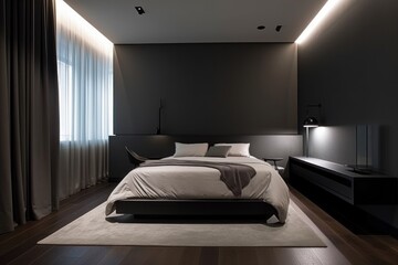 Wall Mural - minimalist bedroom with dramatic overhead lighting and sleek surfaces, created with generative ai