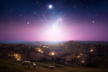 Christmas Eve Concept:  A Bethlehem Illuminated By The Christmas Star Of Christ, Generative AI