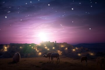 Christmas Eve concept:  A Bethlehem illuminated by the Christmas star of Christ, Generative AI